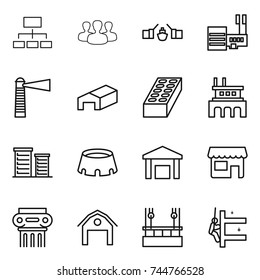 thin line icon set : hierarchy, group, drawbridge, mall, lighthouse, warehouse, brick, factory, district, stadium, shop, antique column, barn, skysrcapers cleaning, skyscrapers