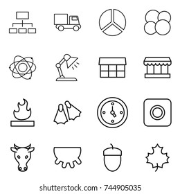 thin line icon set : hierarchy, truck, diagram, atom core, table lamp, market, flammable, flippers, watch, ring button, cow, udder, acorn, maple leaf