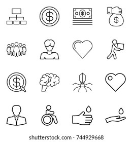 thin line icon set : hierarchy, dollar, money, gift, team, woman, heart, courier, arrow, brain, virus, client, invalid, hand drop, and