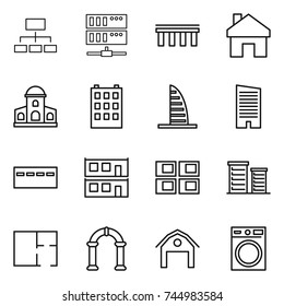 thin line icon set : hierarchy, server, bridge, home, mansion, building, skyscraper, bunker, modular house, panel, district, plan, arch, barn, washing machine