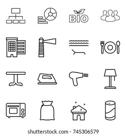 thin line icon set : hierarchy, diagram, bio, group, houses, lighthouse, lounger, cafe, table, iron, hair dryer, floor lamp, grill oven, flour, house cleaning, cleanser powder