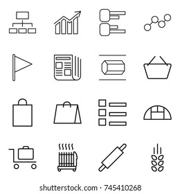 thin line icon set : hierarchy, diagram, graph, flag, newspaper, nano tube, basket, shopping bag, list, greenhouse, baggage trolley, radiator, rolling pin, spikelets