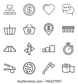 thin line icon set : hierarchy, dollar, heart, discussion, basket, delete cart, pin, bridge, pyramid, route, sorting, stopwatch, garlic clasp, cookies, axe, toilet paper