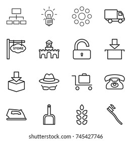 thin line icon set : hierarchy, bulb, round around, delivery, store signboard, fort, unlock, package, confidential, baggage trolley, phone, iron, scoop, spikelets, tooth brush