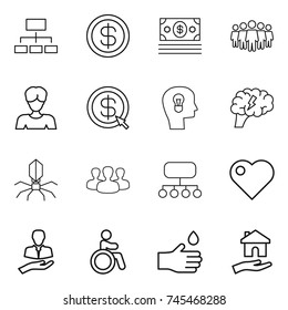 thin line icon set : hierarchy, dollar, money, team, woman, arrow, bulb head, brain, virus, group, structure, heart, client, invalid, hand drop, housing