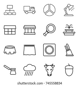 thin line icon set : hierarchy, truck, diagram, table lamp, market, magnifier, fountain, stadium, curtain, ring button, knife holder, turk, rain cloud, cow, acorn