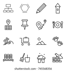 thin line icon set : hierarchy, hex molecule, pencil, tower, map, pin, route, cafe, surfer, baggage trolley, landscape, pets, spices, bucket and broom, house cleaning, construct garbage