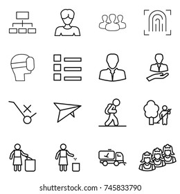 thin line icon set : hierarchy, woman, group, fingerprint, virtual mask, list, client, do not trolley sign, deltaplane, tourist, garden cleaning, garbage bin, home call, outsource