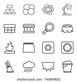 thin line icon set : hierarchy, atom core, table lamp, market, magnifier, stadium, flammable, curtain, ring button, knife holder, rain cloud, udder, foam bucket