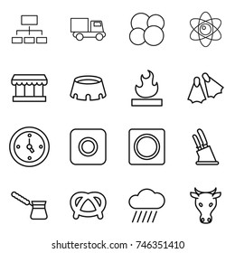 thin line icon set : hierarchy, truck, atom core, market, stadium, flammable, flippers, watch, ring button, knife holder, turk, pretzel, rain cloud, cow