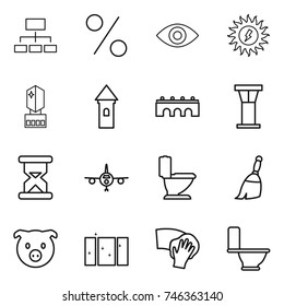 thin line icon set : hierarchy, percent, eye, sun power, crystall memory, tower, bridge, airport, sand clock, plane, toilet, broom, pig, clean window, wiping