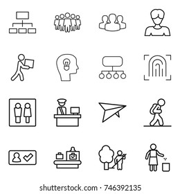 thin line icon set : hierarchy, team, group, woman, courier, bulb head, structure, fingerprint, wc, customs control, deltaplane, tourist, check in, baggage checking, garden cleaning, garbage bin