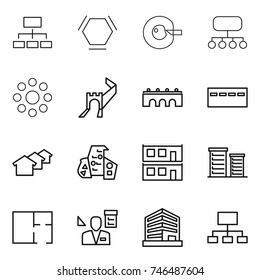 thin line icon set : hierarchy, hex molecule, cell corection, structure, round around, greate wall, bridge, bunker, houses, modern architecture, modular house, district, plan, architector, office