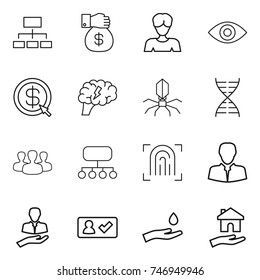 thin line icon set : hierarchy, money gift, woman, eye, dollar arrow, brain, virus, dna, group, structure, fingerprint, client, check in, hand and drop, housing