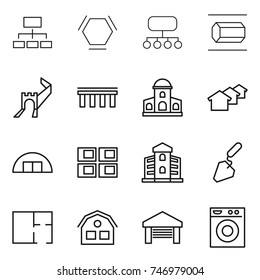 thin line icon set : hierarchy, hex molecule, structure, nano tube, greate wall, bridge, mansion, houses, hangare, panel house, building, construction, plan, garage, washing machine