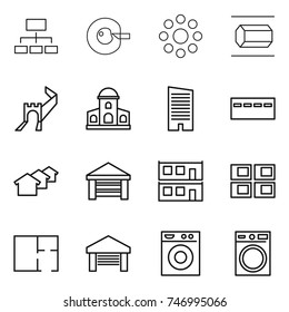 thin line icon set : hierarchy, cell corection, round around, nano tube, greate wall, mansion, skyscraper, bunker, houses, garage, modular house, panel, plan, washing machine