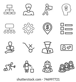 thin line icon set : hierarchy, woman, courier, bulb head, structure, round around, dollar pin, list, client, do not trolley sign, security man, check in, vacuum cleaner, garbage bin, outsource