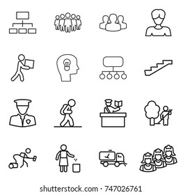 thin line icon set : hierarchy, team, group, woman, courier, bulb head, structure, stairs, security man, tourist, inspector, garden cleaning, vacuum cleaner, garbage bin, home call, outsource