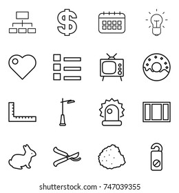 thin line icon set : hierarchy, dollar, calendar, bulb, heart, list, tv, donut, ruler, outdoor light, alarm, window, rabbit, pruner, pile of garbage, do not distrub