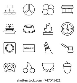 thin line icon set : hierarchy, diagram, atom core, market, fountain, stadium, flammable, watch, ring button, welcome mat, knife holder, turk, pretzel, cherry, udder, acorn