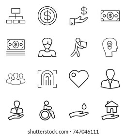 thin line icon set : hierarchy, dollar, investment, money, woman, courier, bulb head, group, fingerprint, heart, client, invalid, hand and drop, housing