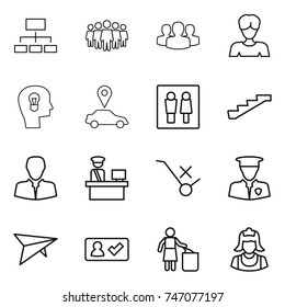 thin line icon set : hierarchy, team, group, woman, bulb head, car pointer, wc, stairs, client, customs control, do not trolley sign, security man, deltaplane, check in, garbage bin, cleaner
