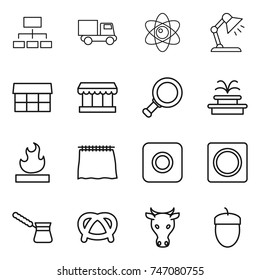 thin line icon set : hierarchy, truck, atom, table lamp, market, magnifier, fountain, flammable, curtain, ring button, turk, pretzel, cow, acorn
