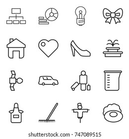 thin line icon set : hierarchy, diagram, bulb, bow, home, heart, shoes, fountain, satellite, car shipping, passenger, measuring cup, apron, rake, scarecrow, soap