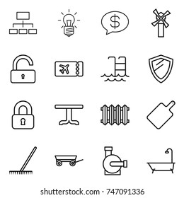 thin line icon set : hierarchy, bulb, money message, windmill, unlock, ticket, pool, shield, locked, table, radiator, cutting board, rake, trailer, water pump, bath