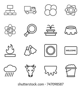 thin line icon set : hierarchy, truck, atom core, magnifier, fountain, stadium, flammable, flippers, ring button, welcome mat, rain cloud, cow, udder, foam bucket