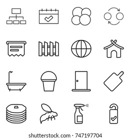 thin line icon set : hierarchy, calendar, atom core, quantum bond, atm receipt, fence, globe, bungalow, bath, bucket, door, cutting board, pancakes, wasp, sprayer, please clean