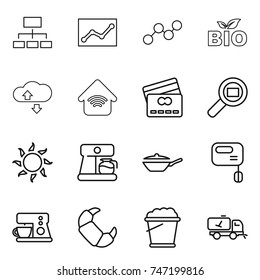 thin line icon set : hierarchy, statistics, graph, bio, cloude service, wireless home, credit card, cargo search, sun, coffee maker, pan, mixer, croissant, foam bucket, call cleaning