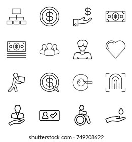 thin line icon set : hierarchy, dollar, investment, money, group, woman, heart, courier, arrow, cell corection, fingerprint, client, check in, invalid, hand and drop