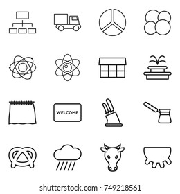 thin line icon set : hierarchy, truck, diagram, atom core, market, fountain, curtain, welcome mat, knife holder, turk, pretzel, rain cloud, cow, udder