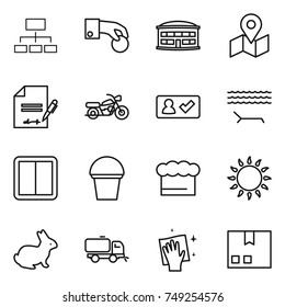 thin line icon set : hierarchy, hand coin, airport building, map, inventory, motorcycle, check in, lounger, power switch, bucket, chief hat, gas oven, rabbit, sweeper, wiping, package