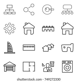 thin line icon set : hierarchy, molecule, cell corection, structure, round around, home, bridge, skyscraper, bunker, houses, slum, garage, plan, architector, washing machine