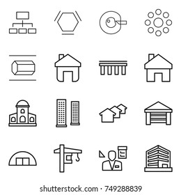 thin line icon set : hierarchy, hex molecule, cell corection, round around, nano tube, home, bridge, mansion, skyscrapers, houses, garage, hangare, tower crane, architector, office