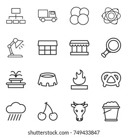 thin line icon set : hierarchy, truck, atom core, table lamp, market, magnifier, fountain, stadium, flammable, pretzel, rain cloud, cherry, cow, foam bucket