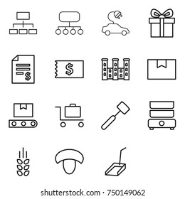 thin line icon set : hierarchy, structure, electric car, gift, account balance, receipt, palace, package box, transporter tape, baggage trolley, meat hammer, double boiler, spikelets, mushroom