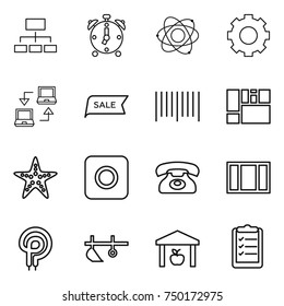 thin line icon set : hierarchy, alarm clock, atom, gear, notebook connect, sale, bar code, consolidated cargo, starfish, ring button, phone, window, elecric oven, plow, warehouse, clipboard list
