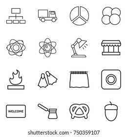 thin line icon set : hierarchy, truck, diagram, atom core, table lamp, market, flammable, flippers, curtain, ring button, welcome mat, turk, pretzel, acorn