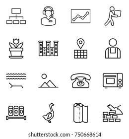 thin line icon set : hierarchy, call center, statistics, courier, flower, palace, map, workman, lounger, landscape, phone, grill oven, spices, goose, paper towel, construct garbage