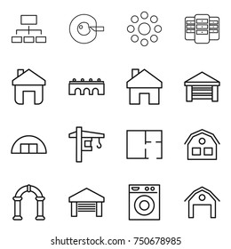 thin line icon set : hierarchy, cell corection, round around, server, home, bridge, garage, hangare, tower crane, plan, house, arch, washing machine, barn