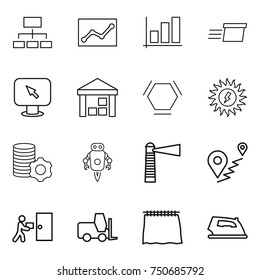 thin line icon set : hierarchy, statistics, graph, delivery, monitor arrow, warehouse, hex molecule, sun power, virtual mining, jet robot, lighthouse, route, courier, fork loader, curtain, iron