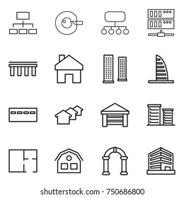 thin line icon set : hierarchy, cell corection, structure, server, bridge, home, skyscrapers, skyscraper, bunker, houses, garage, district, plan, house, arch, office
