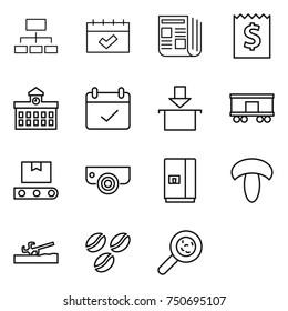thin line icon set : hierarchy, calendar, newspaper, receipt, university, terms, package, railroad shipping, transporter tape, surveillance camera, fridge, mushroom, soil cutter, coffee seeds