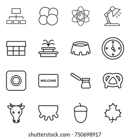 thin line icon set : hierarchy, atom core, table lamp, market, fountain, stadium, watch, ring button, welcome mat, turk, pretzel, cow, udder, acorn, maple leaf