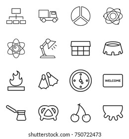 thin line icon set : hierarchy, truck, diagram, atom, table lamp, market, stadium, flammable, flippers, watch, welcome mat, turk, pretzel, cherry, udder