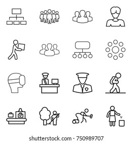 thin line icon set : hierarchy, team, group, woman, courier, structure, round around, virtual mask, customs control, security man, tourist, baggage checking, garden cleaning, vacuum cleaner