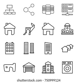 thin line icon set : hierarchy, molecule, server, home, greate wall, mansion, building, skyscrapers, skyscraper, houses, slum, garage, washing machine